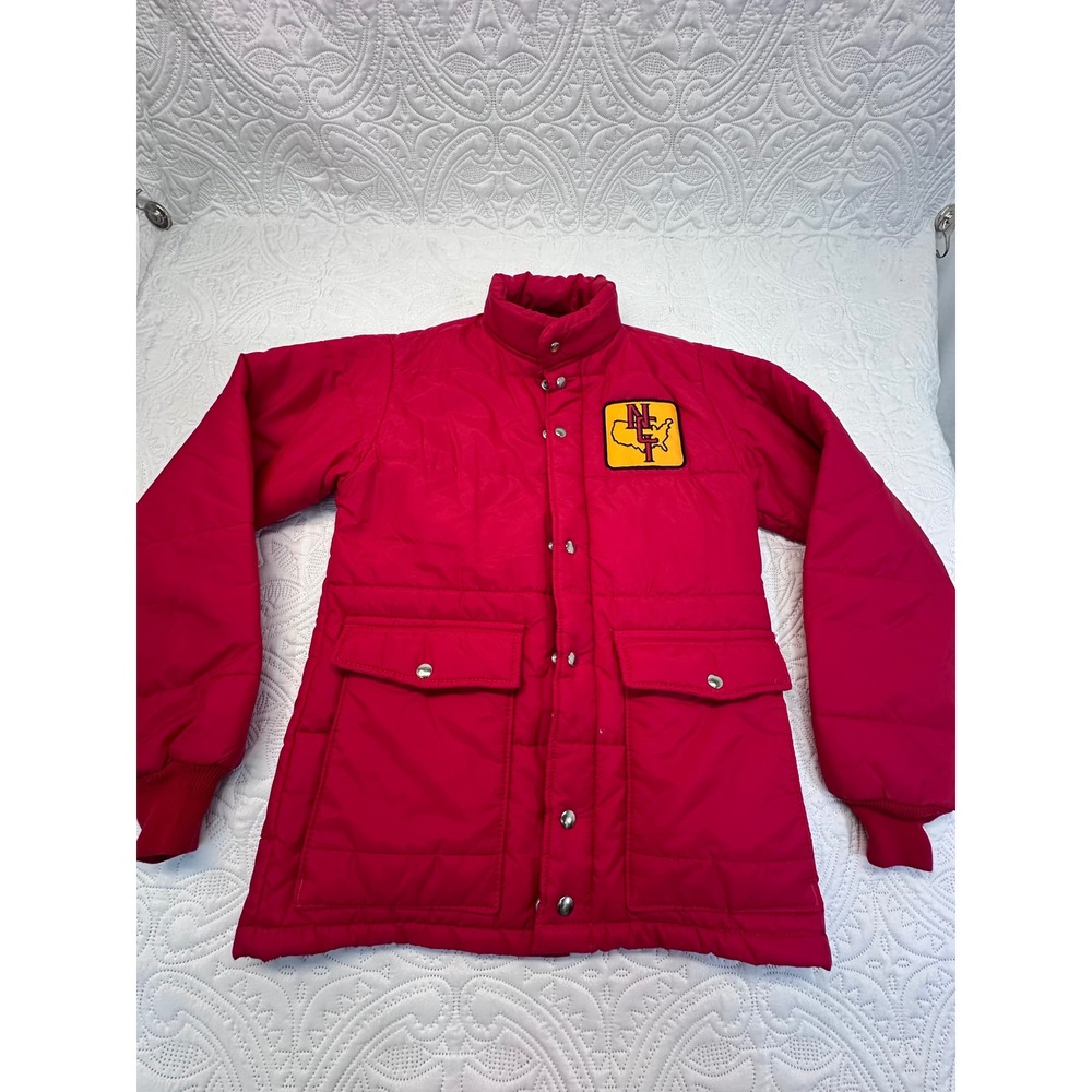 Vintage Swingster Red Quilted Puffer Jacket NET Patch Mens Small Nylon Padded